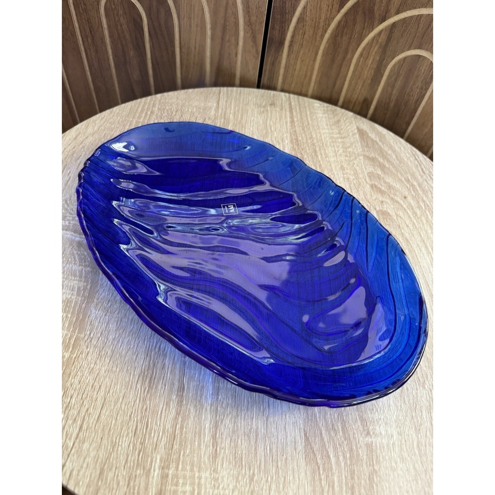 IVV Italy Cobalt Blue Glass Oval Plate/Platter Textured Wave Pattern 13.5 x 9"